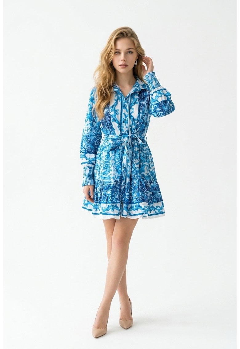 Rochie scurta de vara tip camasa din bumbac cu imprimeu Amalfi - Albastru