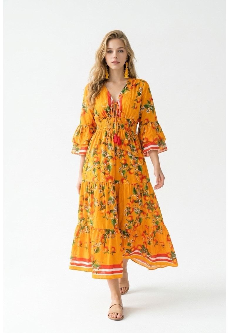 Rochie lunga de vara din bumbac imprimeu Amalfi - Portocaliu