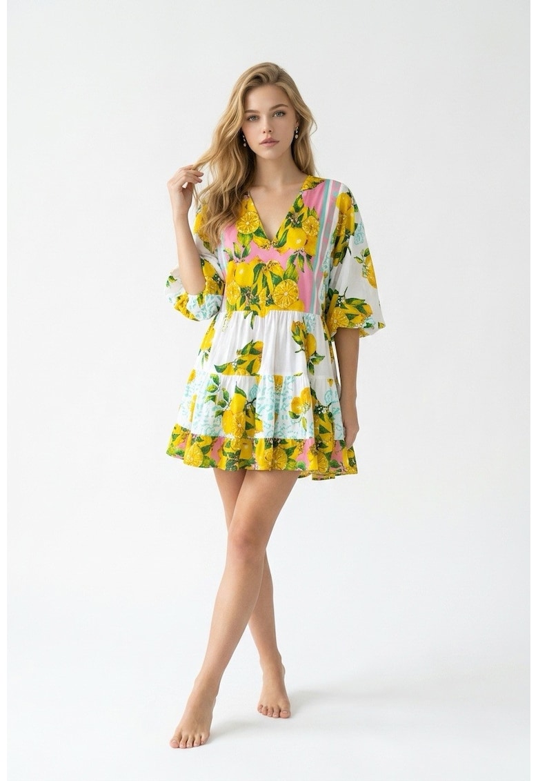 Rochie scurta de vara din bumbac alb cu imprimeu Amalfi roz cu lamai galbene - Alb/Galben/Roz