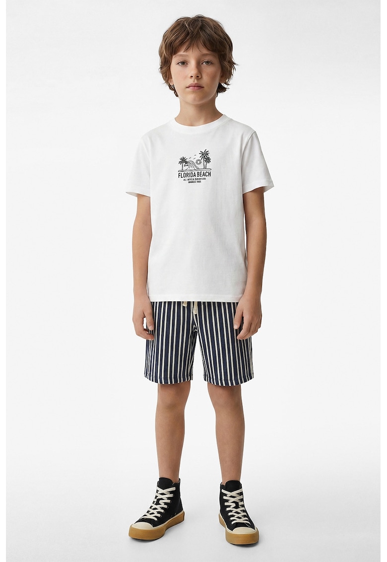 Tricou cu model grafic si decolteu la baza gatului - Alb