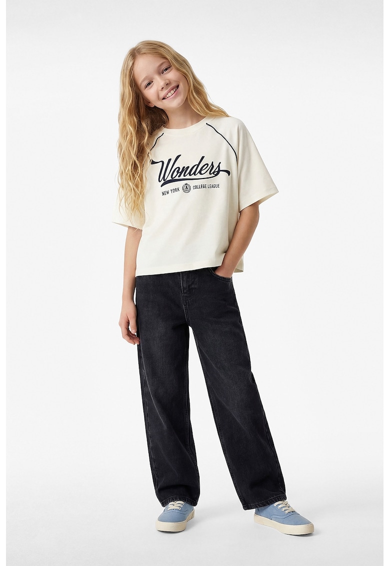 Tricou lejer de bumbac cu text brodat - Negru/Alb murdar