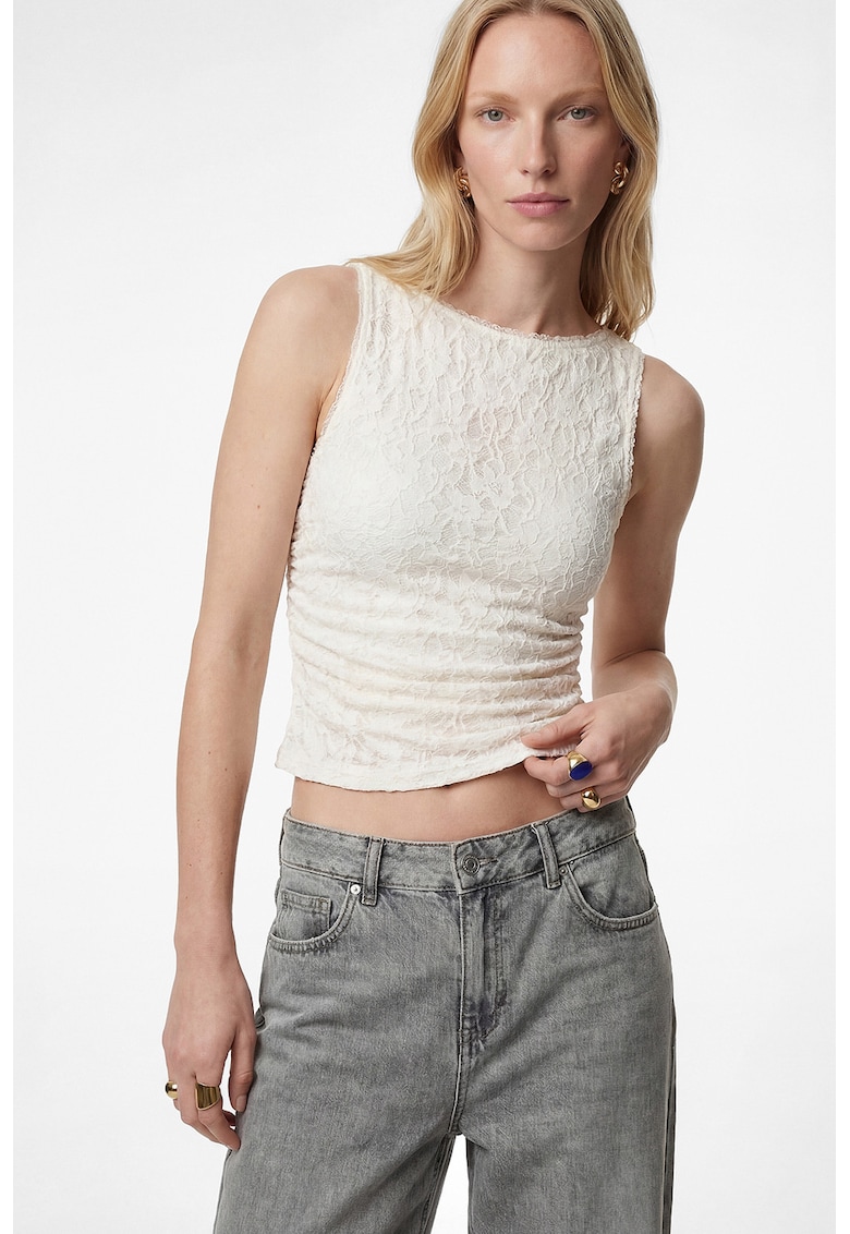 Top slip fit crop din dantela - Crem