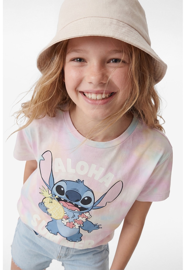 Tricou cu decolteu la baza gatului si imprimeu cu desene - Albastru glaciar/Roz
