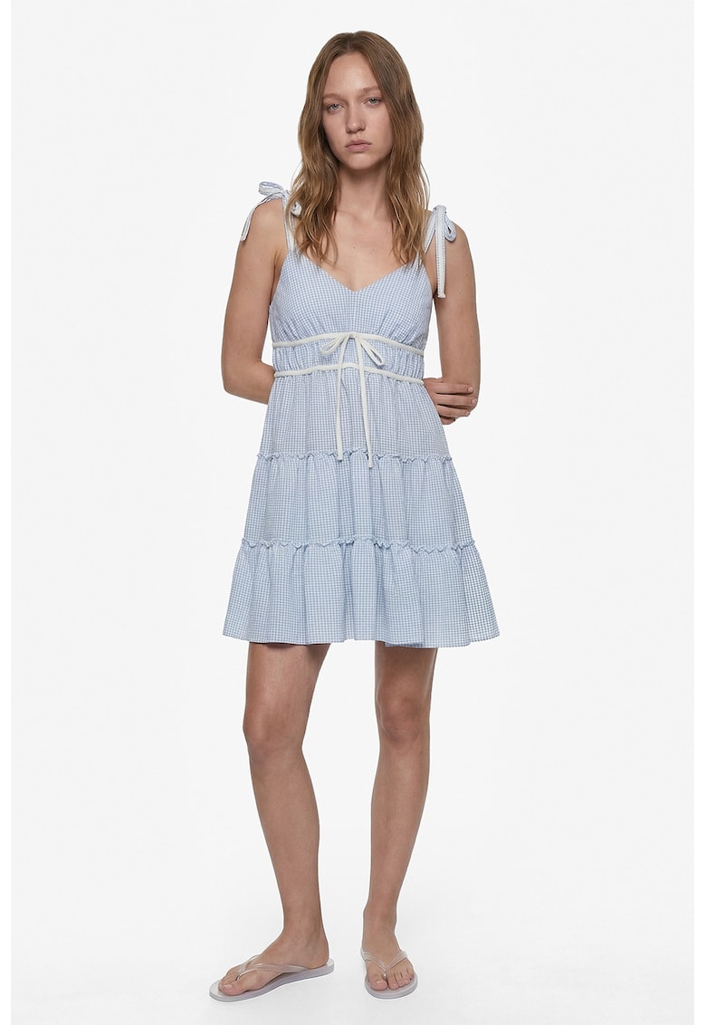 Rochie mini evazata cu prindere cu snururi - Alb/Albastru deschis
