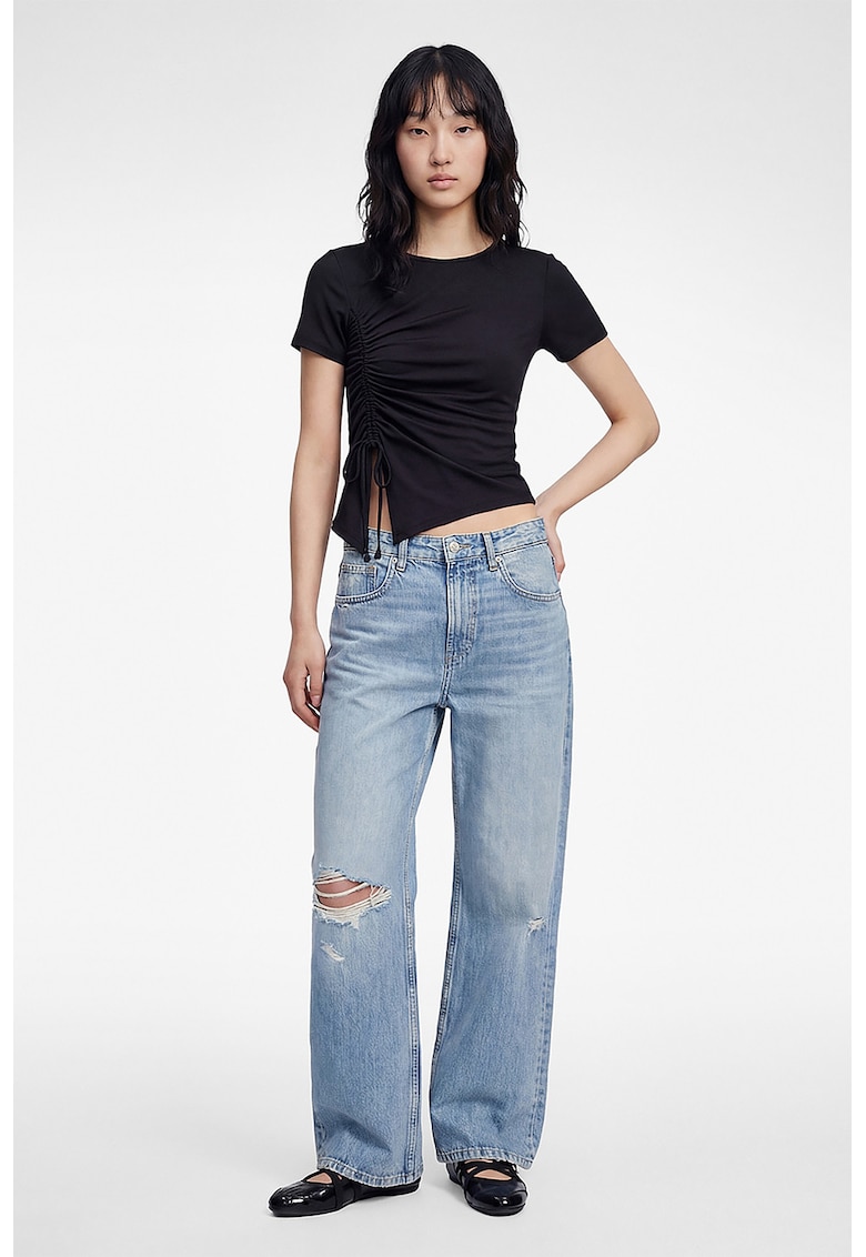 Tricou crop cu snururi laterale - Negru