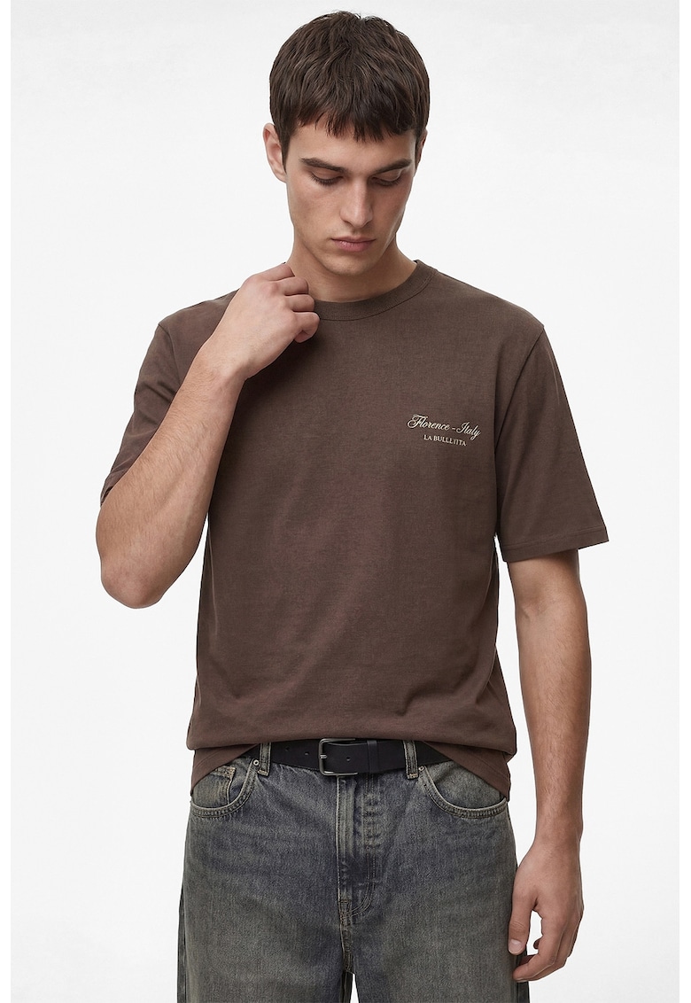 Tricou regular fit cu imprimeu text pe piept - Maro