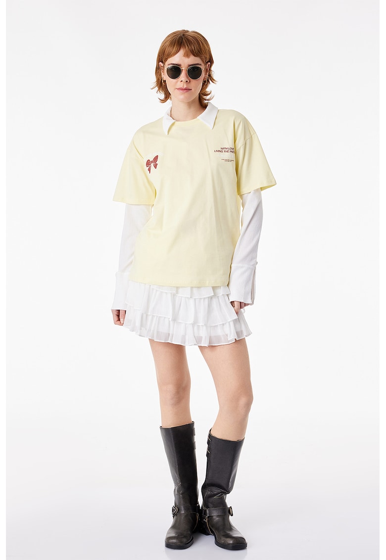 Tricou lejer cu imprimeu text - Galben pal