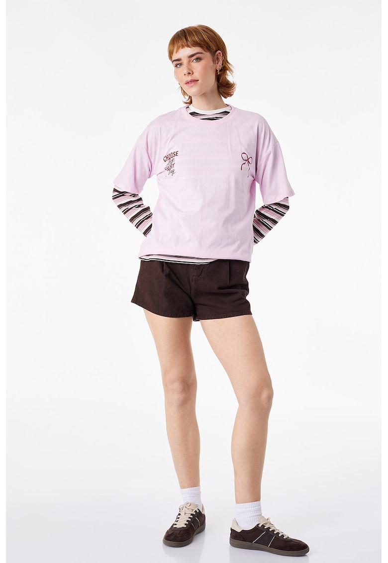 Tricou de bumbac cu imprimeu text - Roz pastel