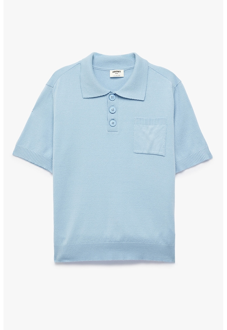 Tricou polo tricotat cu buzunar pe piept - Albastru deschis