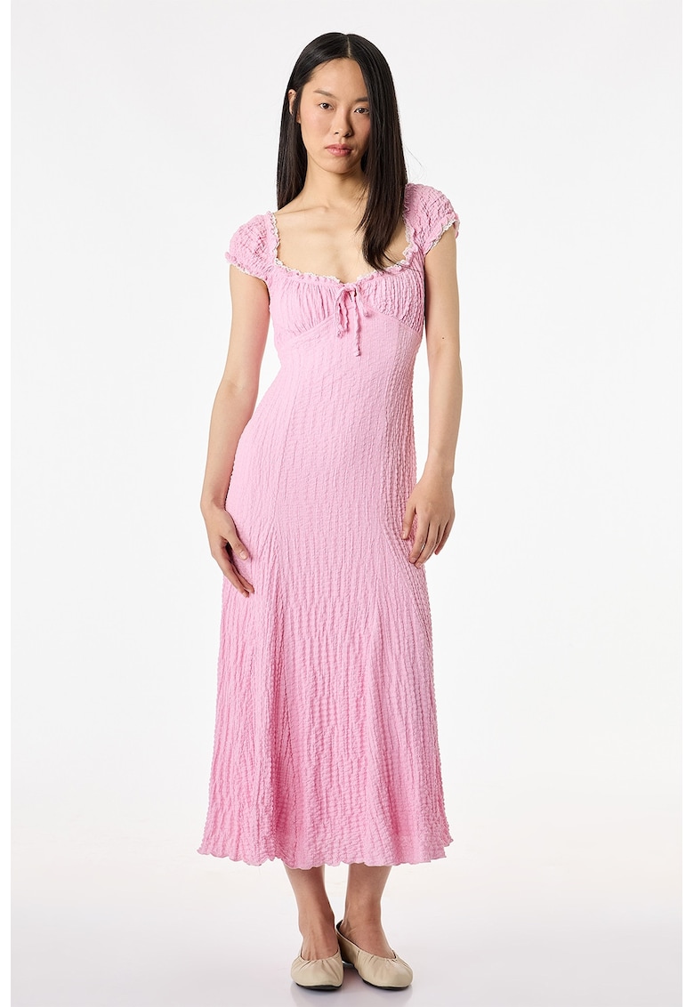 Rochie midi texturata cu maneci scurte - Roz