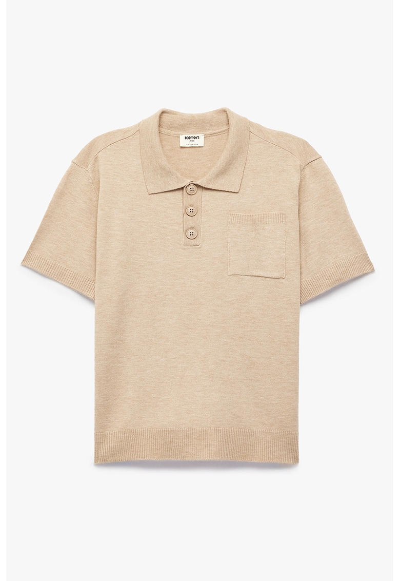 Tricou polo tricotat cu buzunar pe piept - Bej inchis