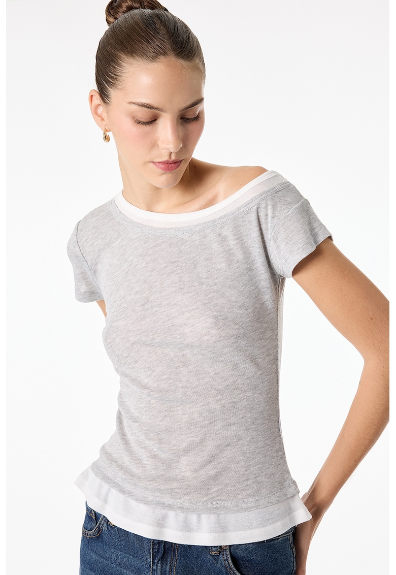 Tricou slim fit cu decolteu pe un umar - Gri deschis melange