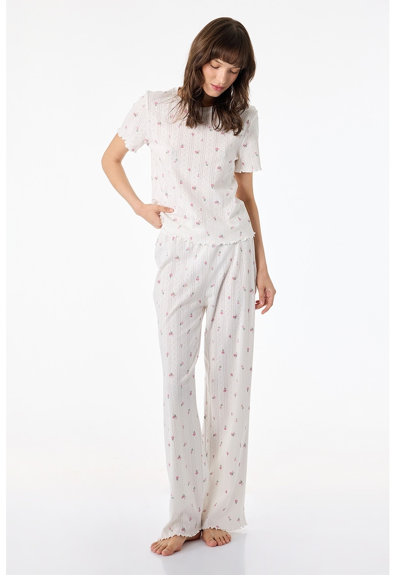 Pijama de bumbac cu model floral - Alb murdar/Roz
