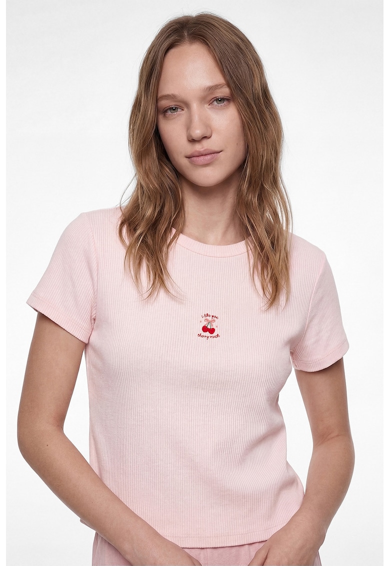 Tricou de pijama din amestec de bumbac cu broderie cu cirese - Roz pal