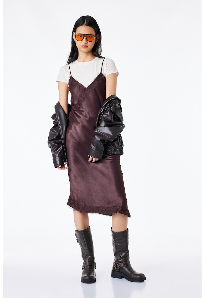 Rochie-furou de satin cu terminatie asimetrica - Violet inchis