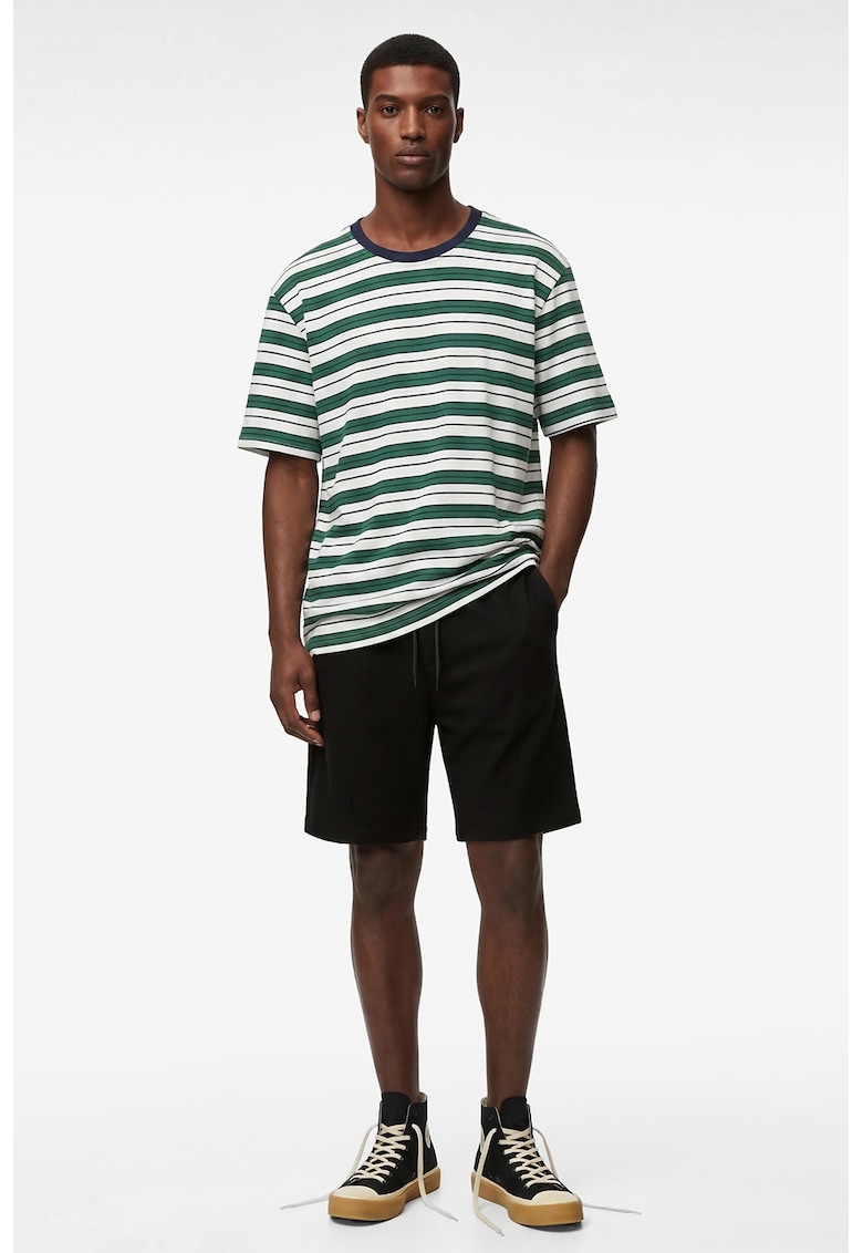 Tricou cu dungi si decolteu la baza gatului - Alb/Verde