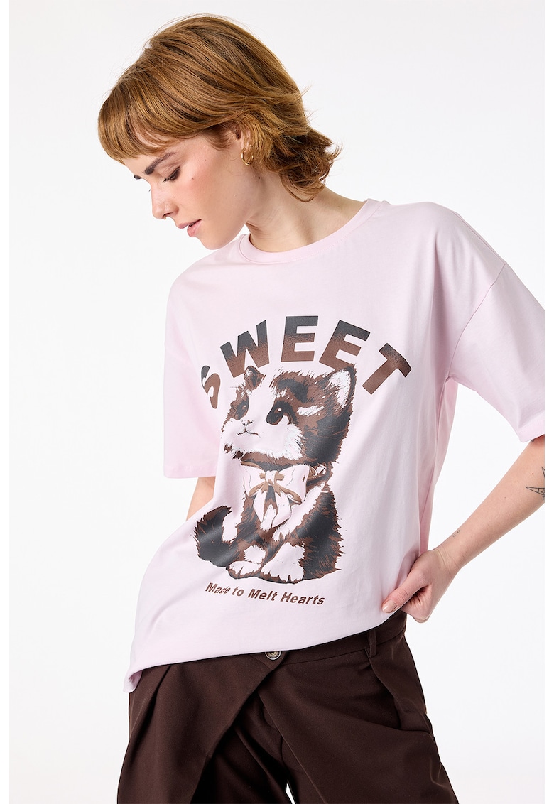 Tricou de bumbac cu imprimeu Kitty - Roz pastel