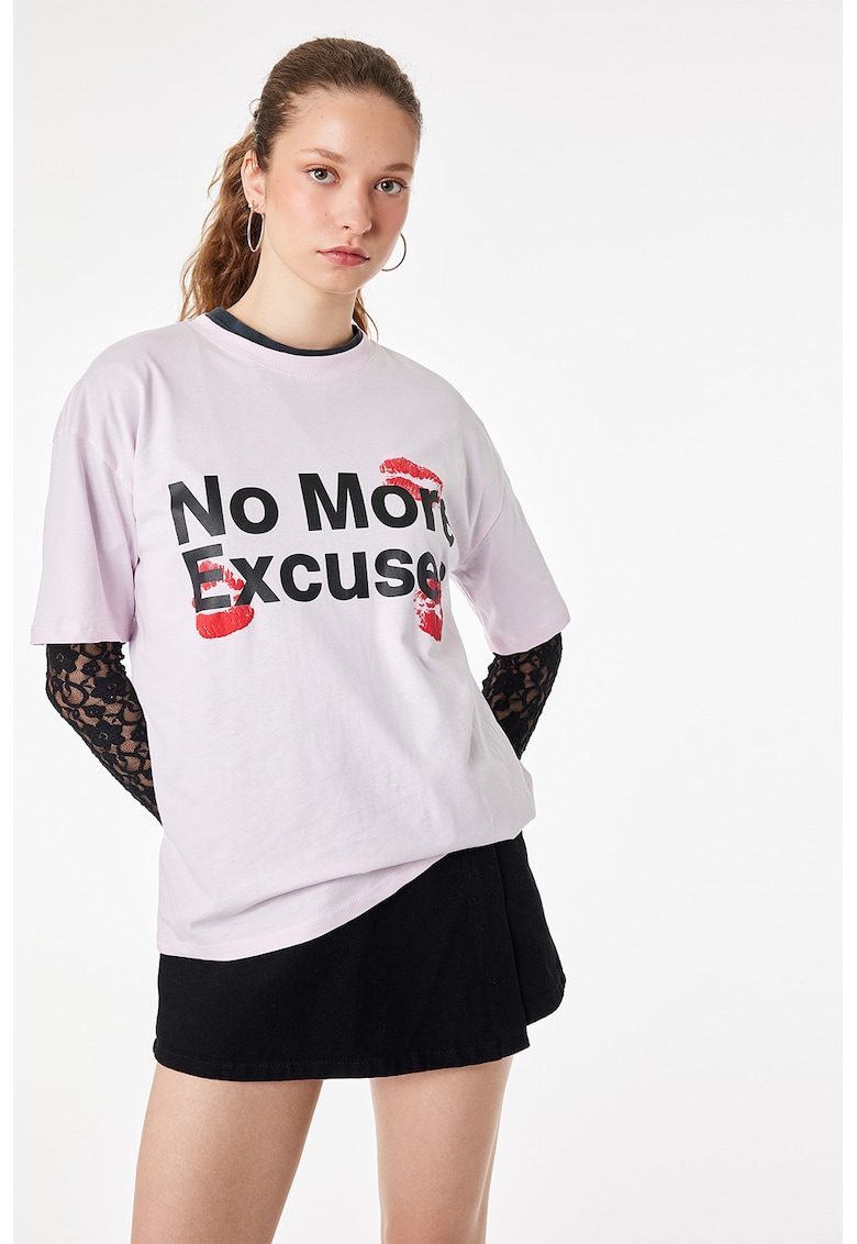 Tricou lejer de bumbac cu imprimeu text - Rosu/Negru/Nude rose
