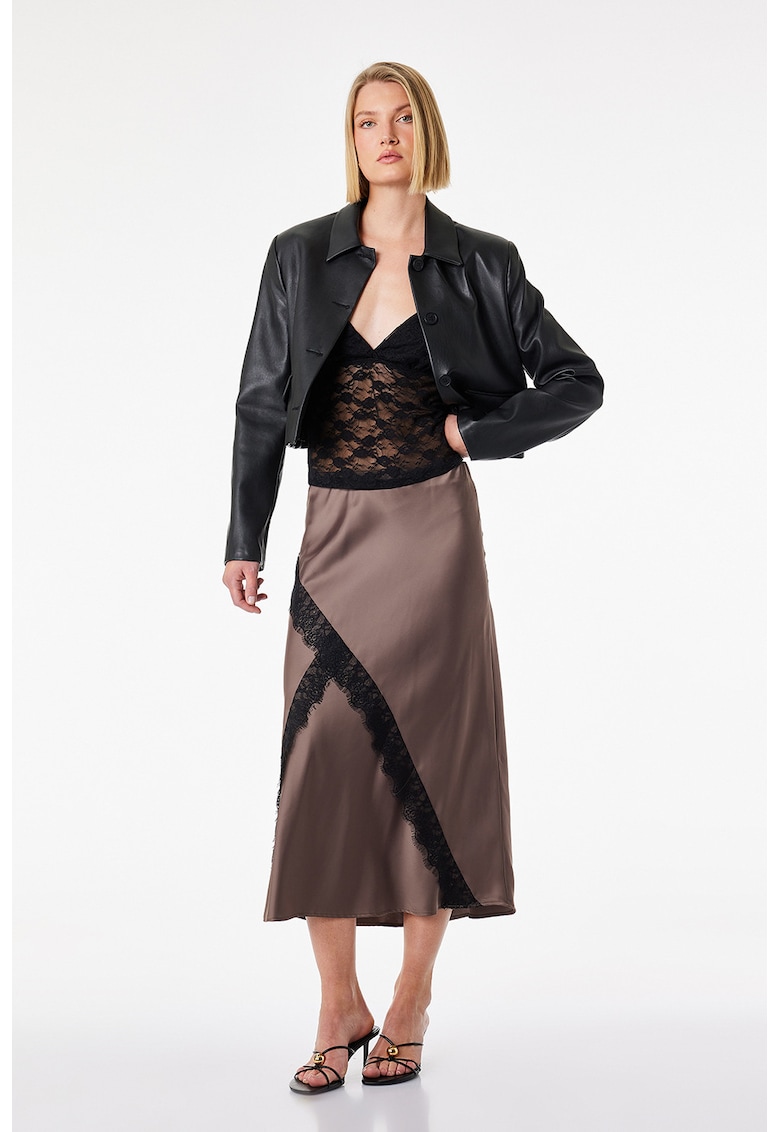 Fusta midi cu garnituri de dantela si aspect petrecut - Maro taupe