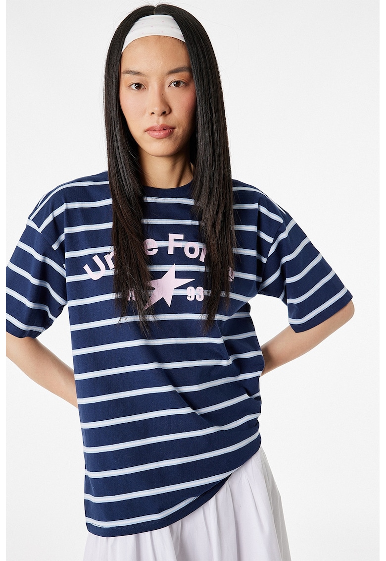 Tricou lejer de bumbac cu dungi - Roz/Bleumarin