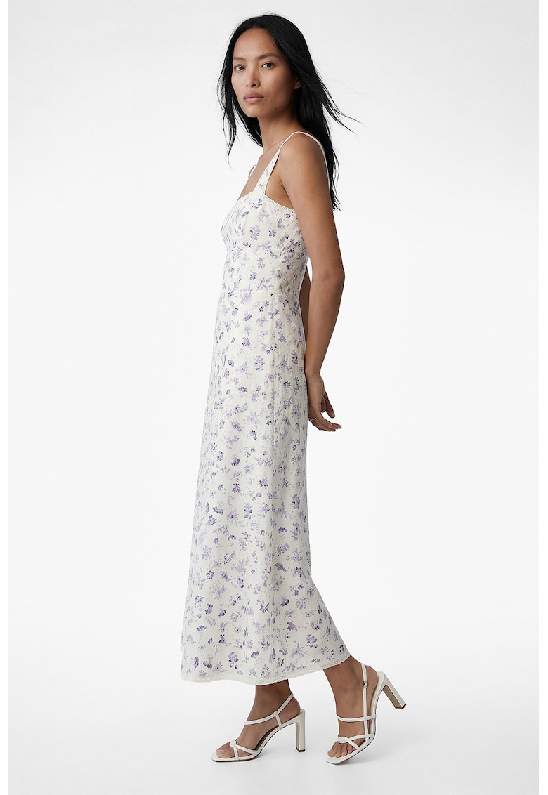 Rochie cu decolteu patrat si model floral - Lila/Crem