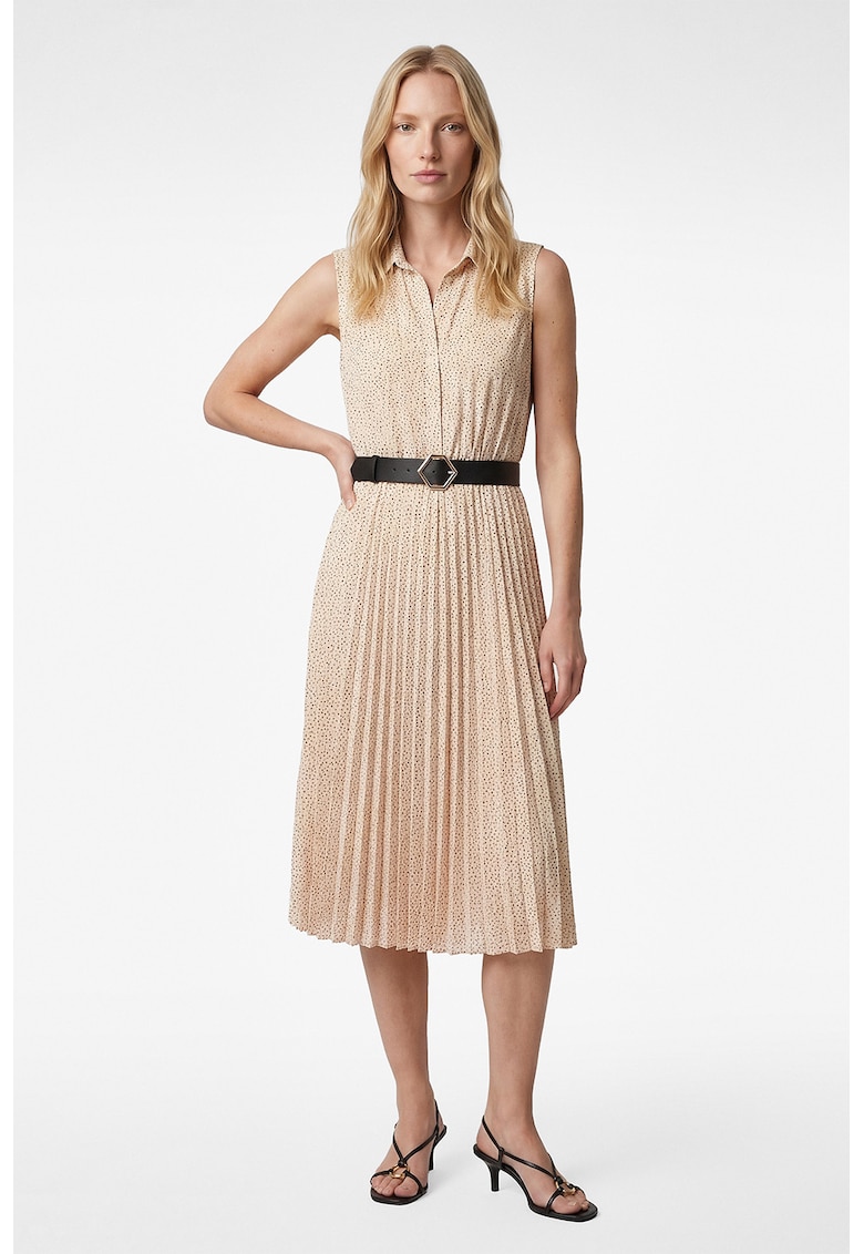 Rochie din sifon - cu model si curea in talie - Bej