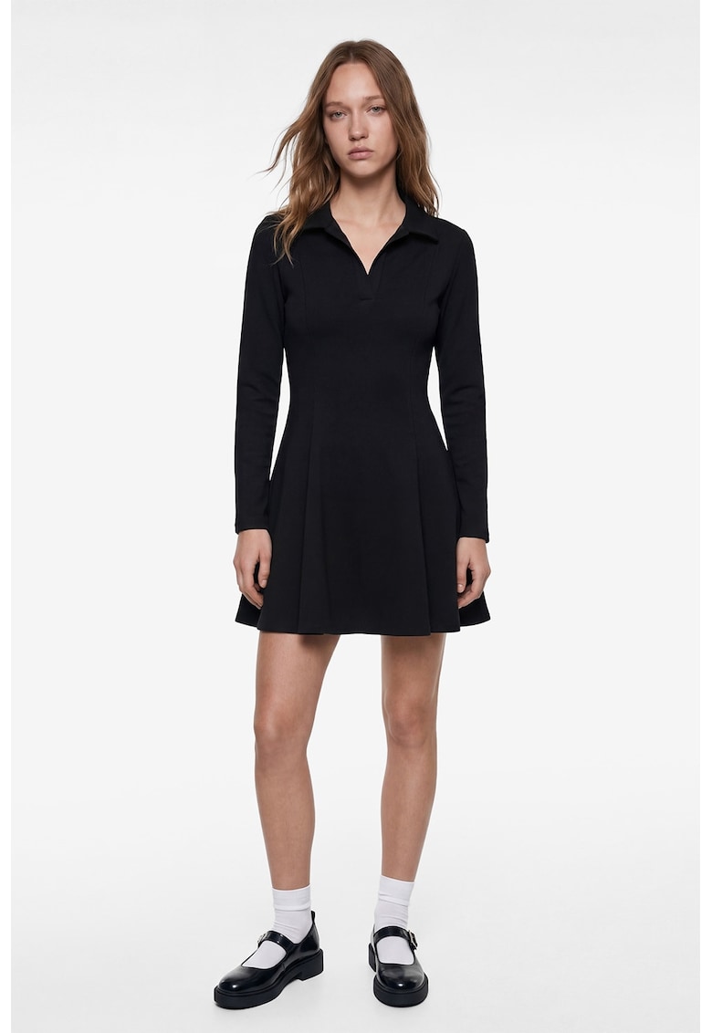 Rochie mini evazata cu guler clasic - Negru