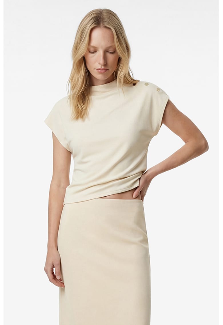 Tricou din amestec de modal cu umeri pe decolteu - Bej deschis