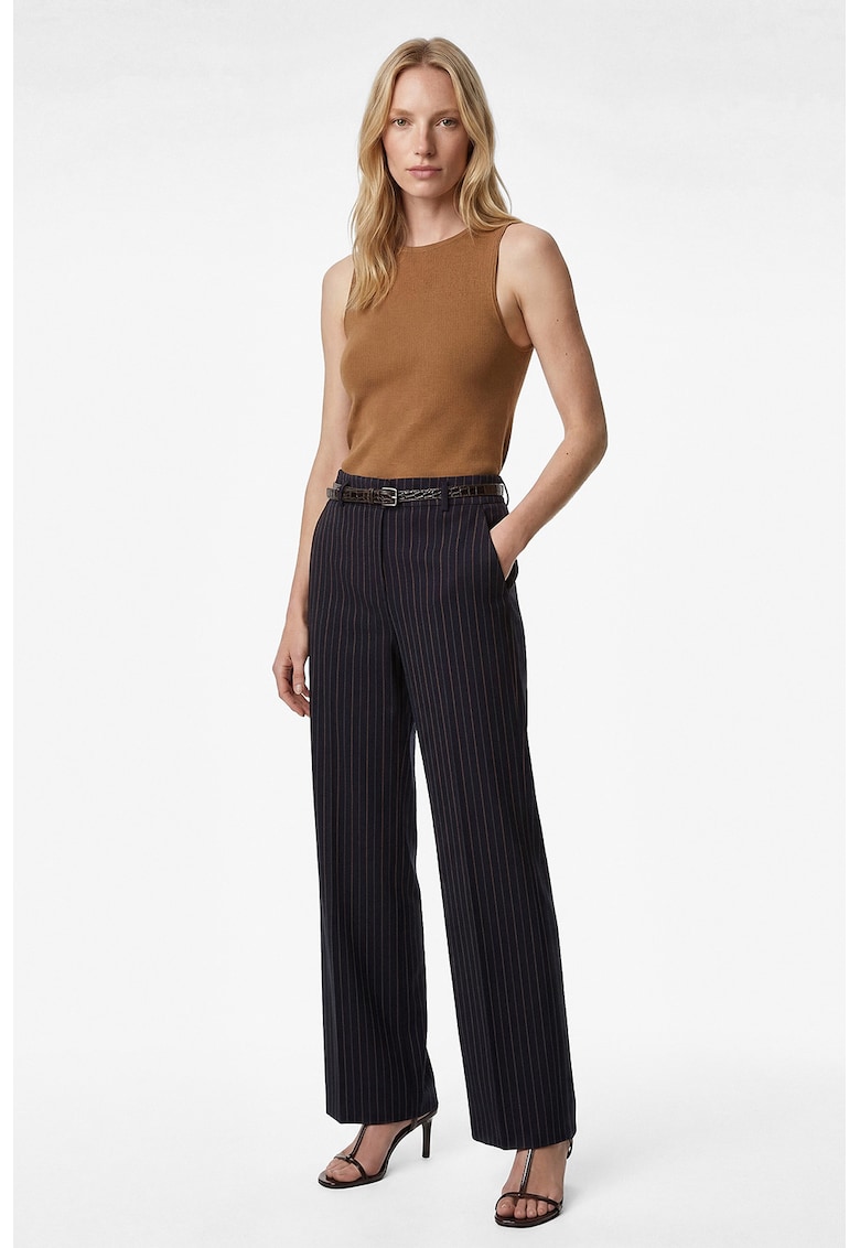 Pantaloni cu dungi - fermoar lateral si talie inalta - Bleumarin