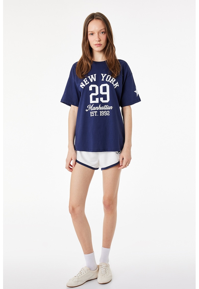 Tricou lejer de bumbac cu imprimeu College - Alb/Bleumarin