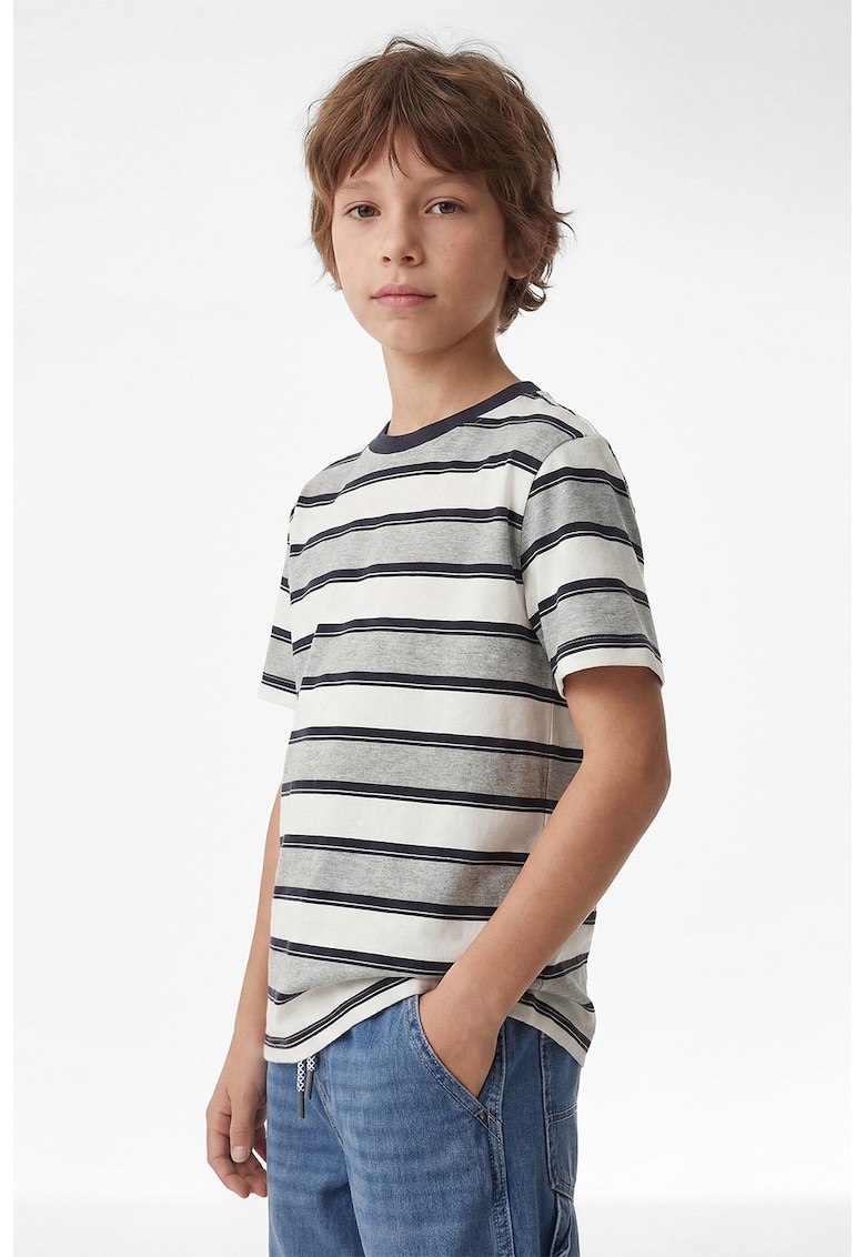 Tricou cu decolteu la baza gatului si dungi - Alb/Gri/Bleumarin