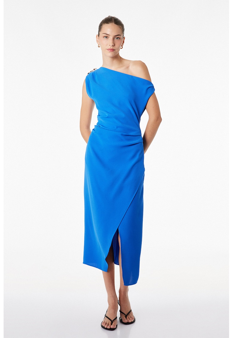 Rochie cu decolteu pe un umar si slit frontal - Albastru