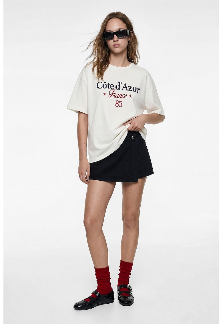 Tricou lejer de bumbac cu broderie - Alb murdar