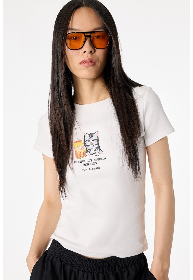Tricou slim fit cu imprimeu pisica - Alb