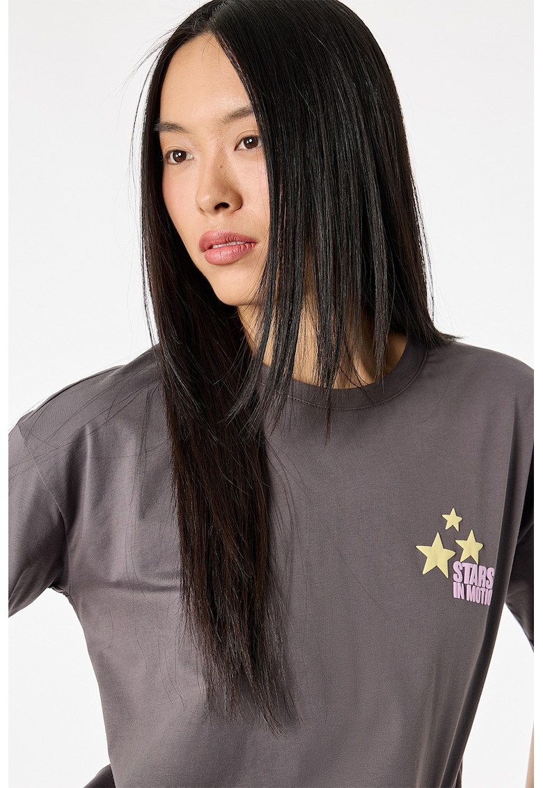 Tricou cu decolteu la baza gatului si imprimeu pe spate - Gri inchis