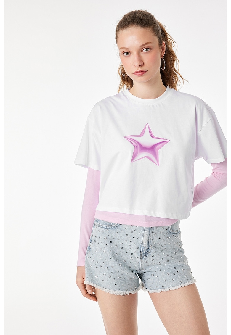 Tricou supradimensionat cu imprimeu stea - Alb/Roz