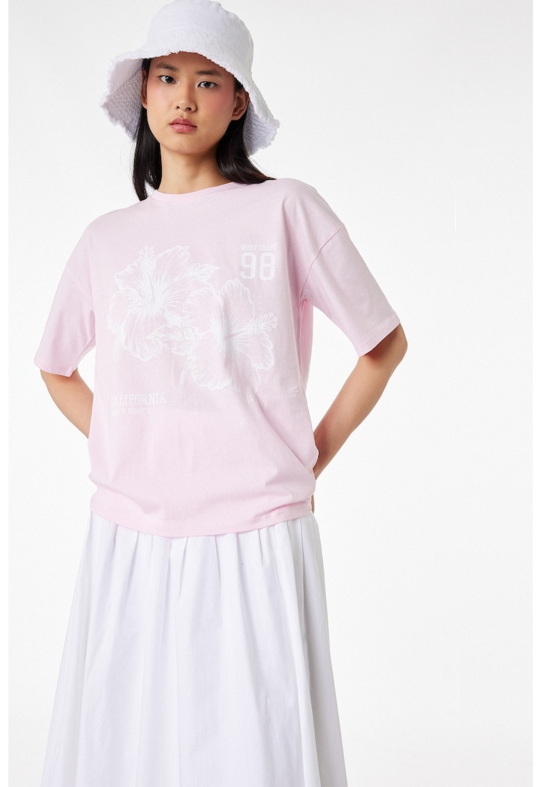 Tricou supradimensionat cu model grafic - Alb/Roz pastel