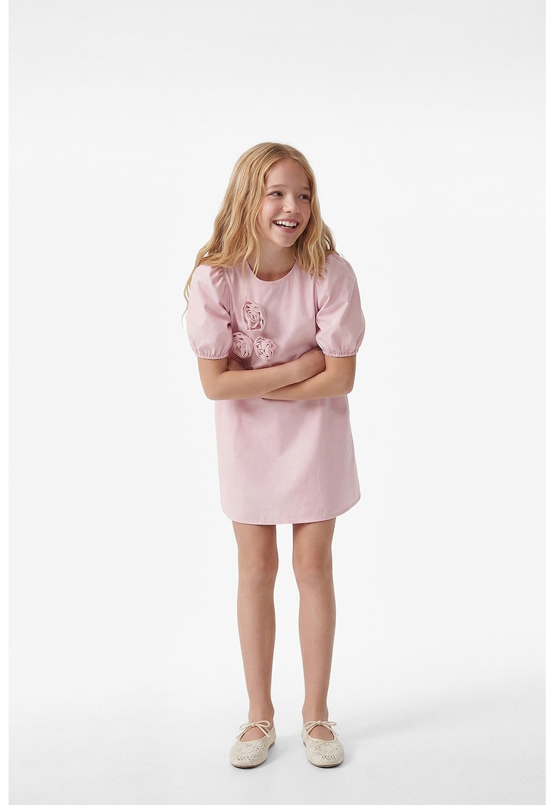 Rochie scurta de bumbac cu aplicatii florale - Roz