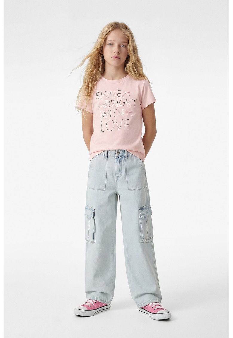 Tricou de bumbac cu aplicatie text - Roz pal