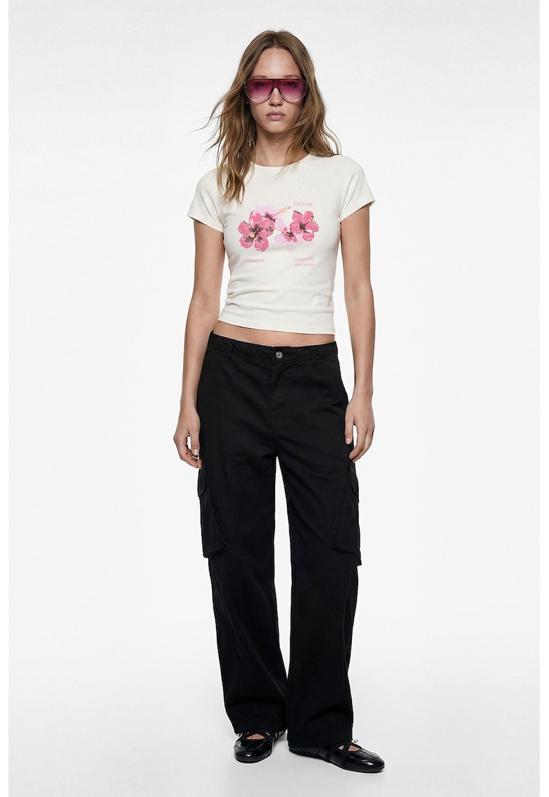 Tricou slim fit cu imprimeu hibiscus - Alb murdar/Roz