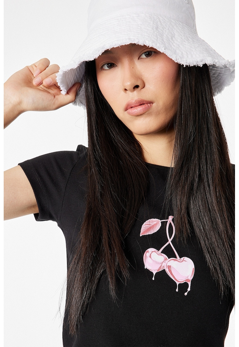 Tricou cambrat cu model grafic - Negru/Roz