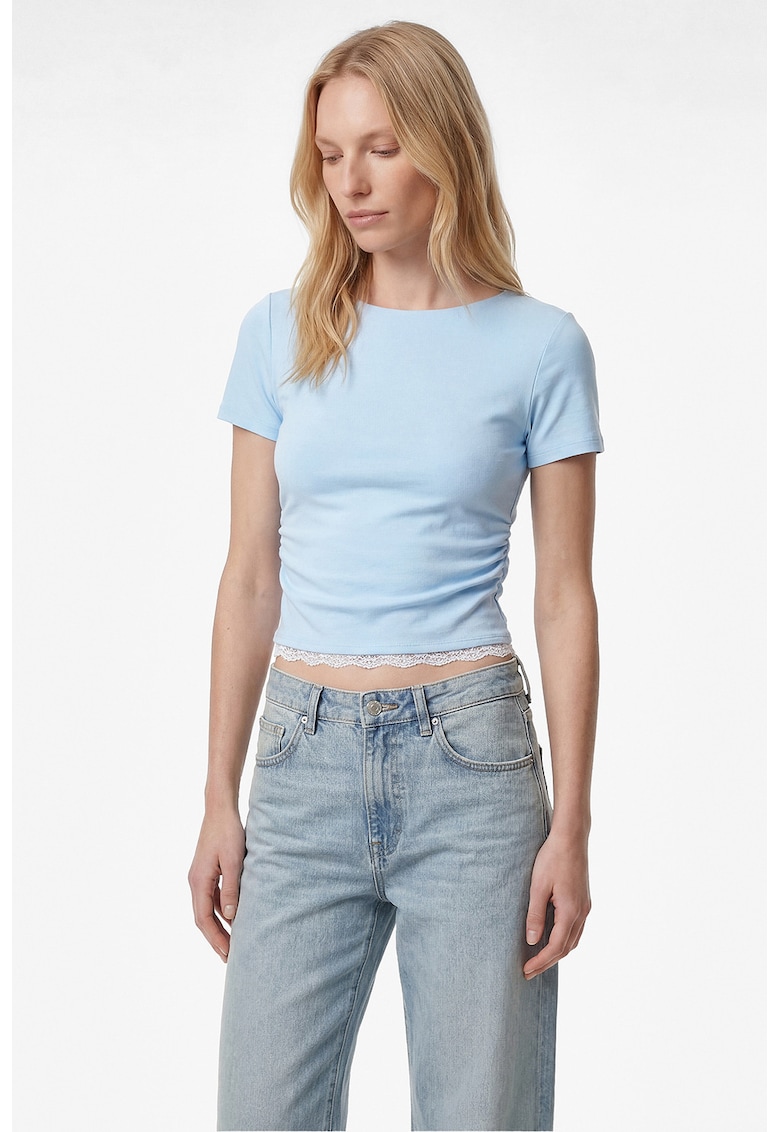 Tricou cu decolteu la baza gatului si pliseuri - Albastru glaciar