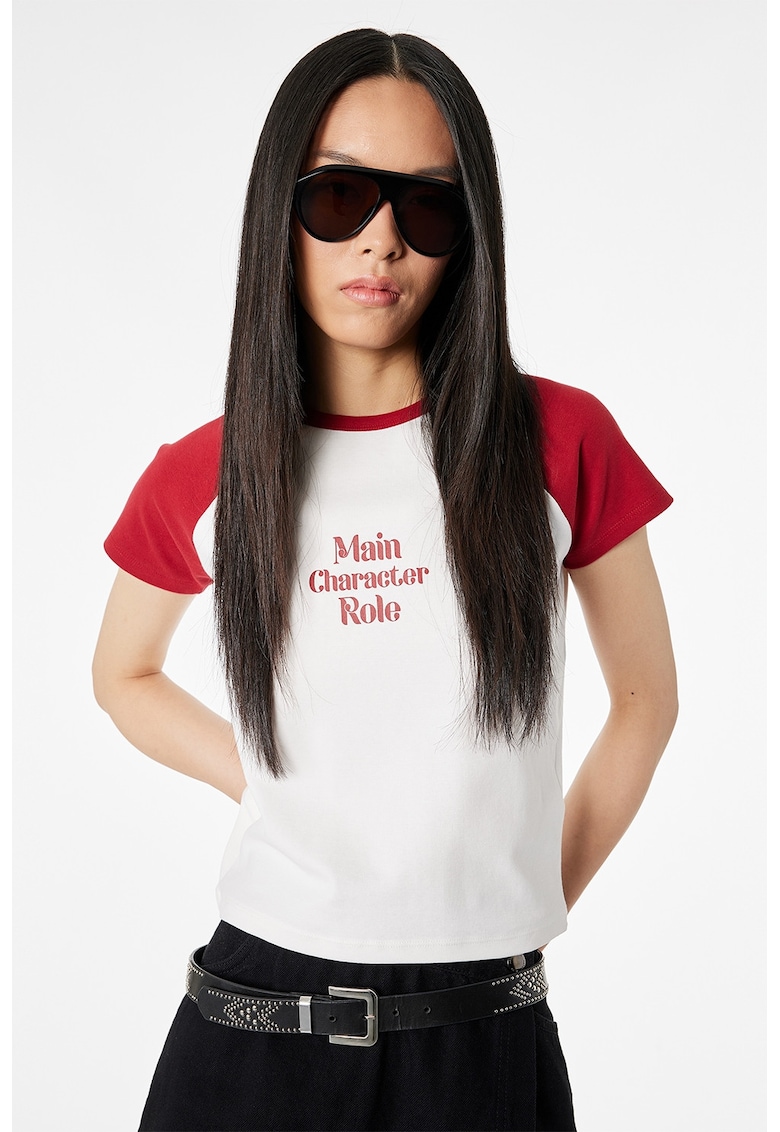 Tricou cu imprimeu text - Rosu inchis/Alb murdar