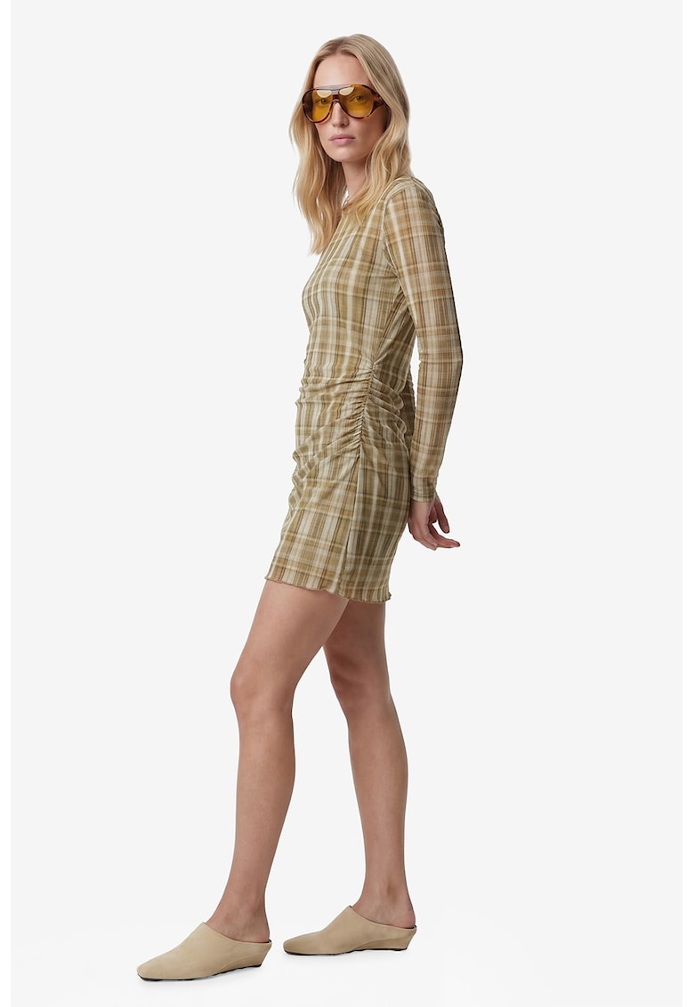 Rochie mini cu model in carouri si maneci lungi - Bej
