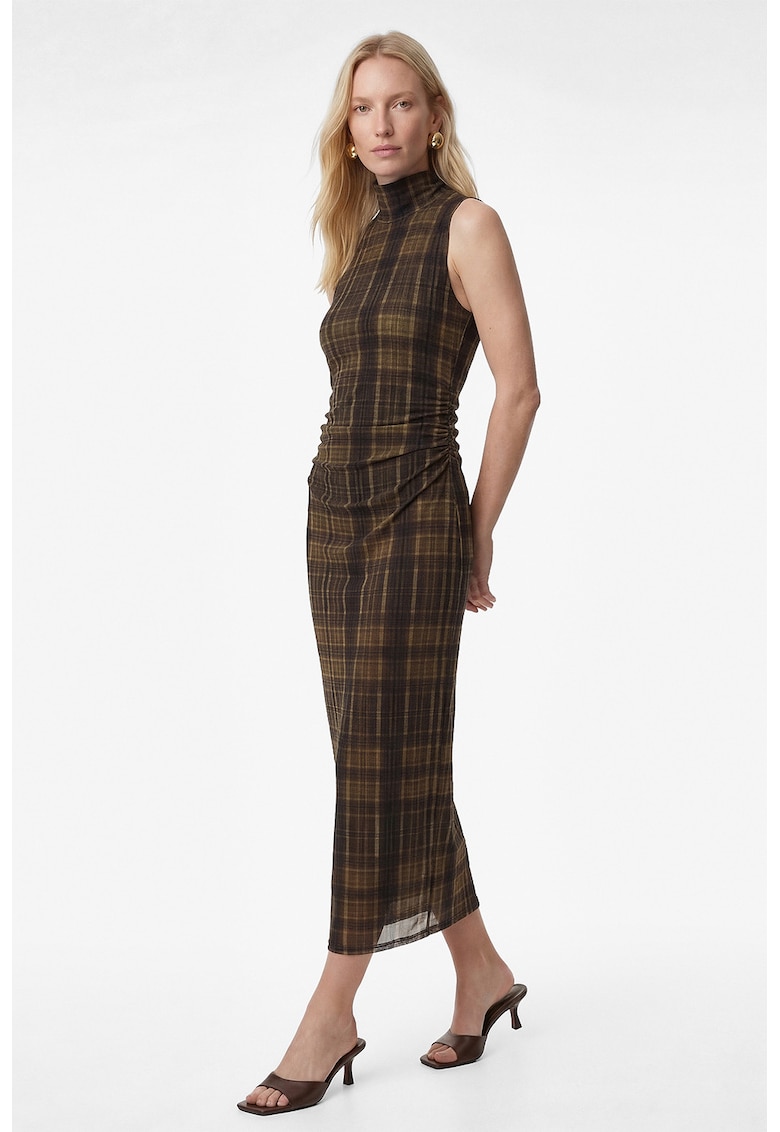 Rochie fara maneci cu model in carouri si guler mediu - Maro/Galben