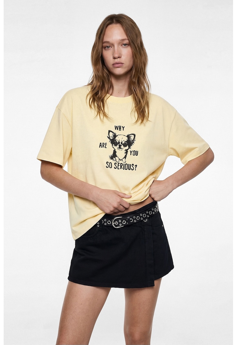 Tricou de bumbac cu decolteu la baza gatului - Galben