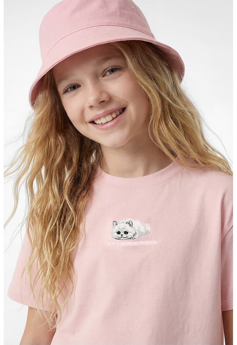 Tricou crop cu imprimeu grafic si text brodat - Roz