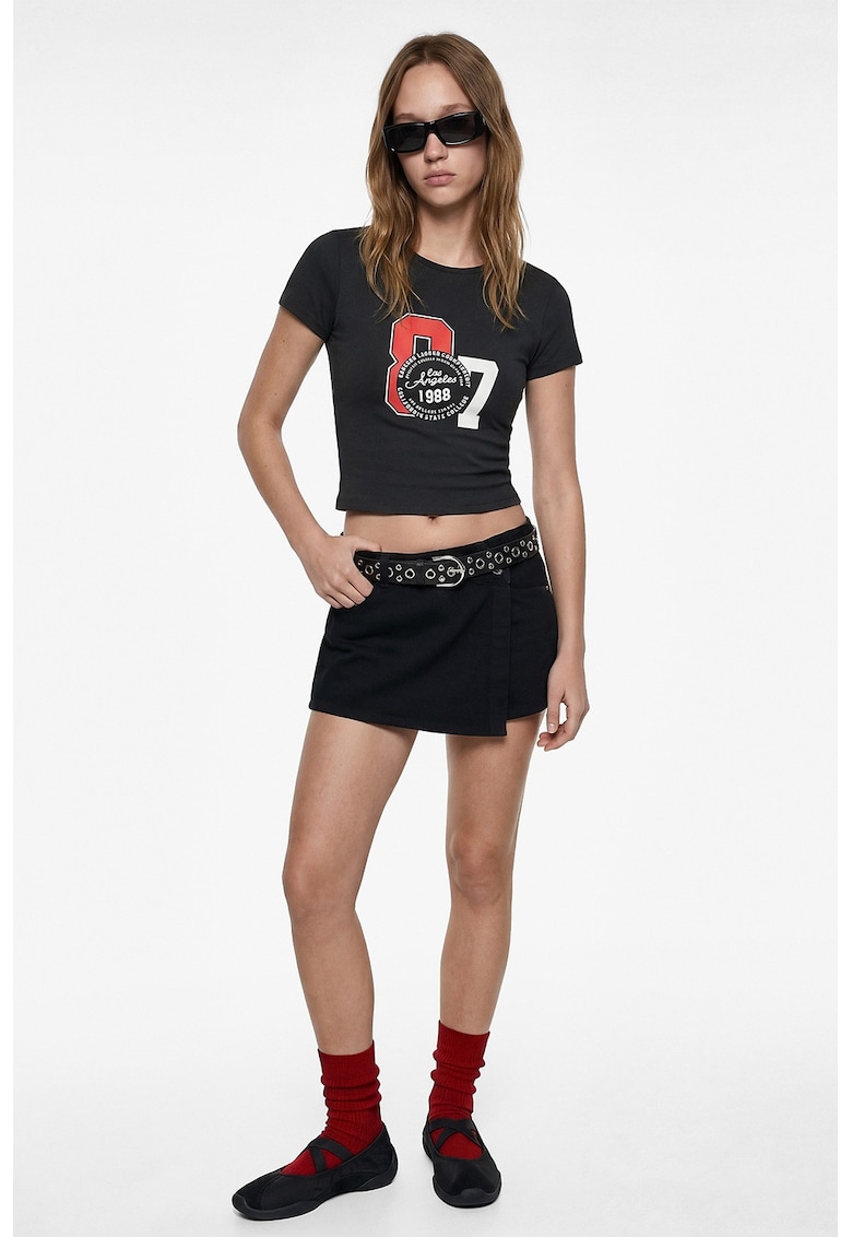 Tricou crop cu imprimeu - Gri antracit