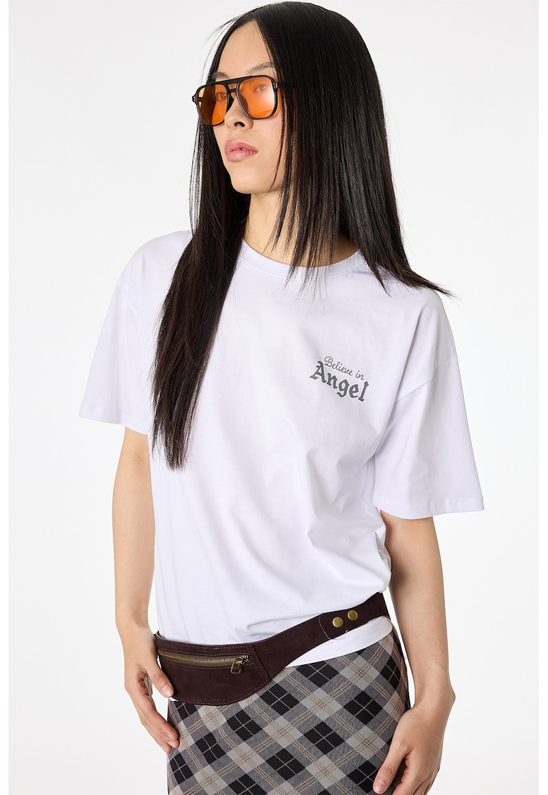 Tricou de bumbac cu imprimeu text - Alb/Verde inchis