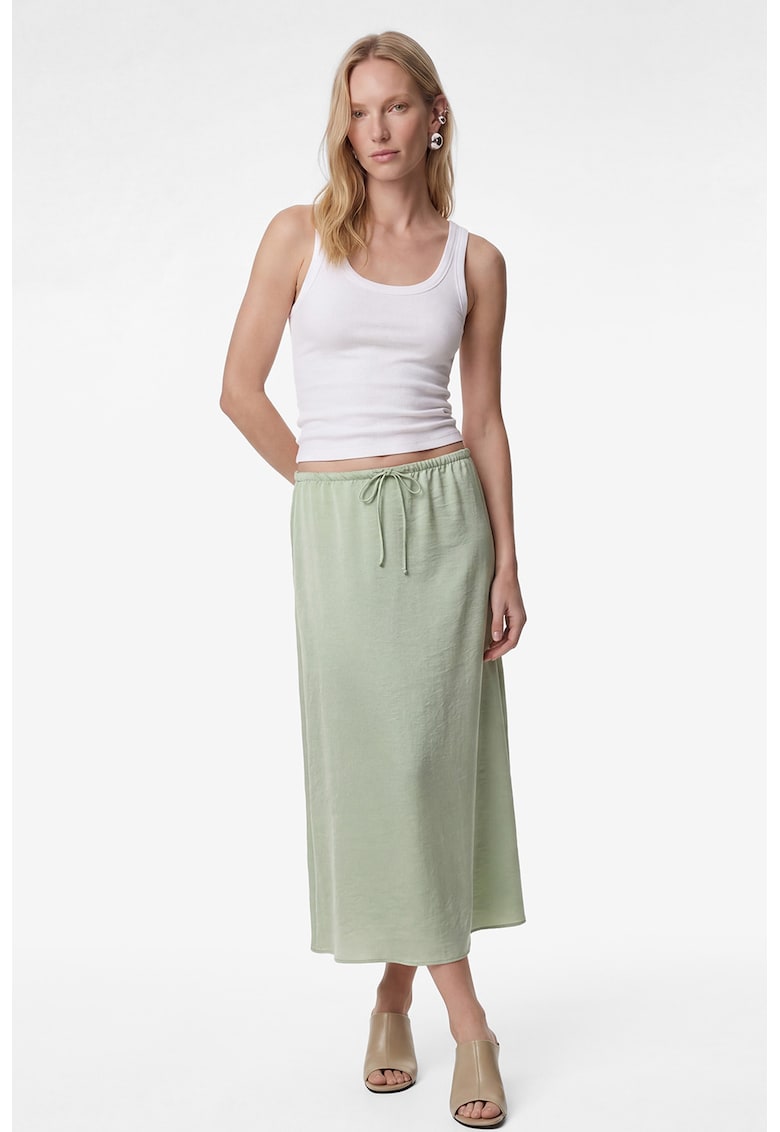 Fusta cu aspect de satin si snur in talie - Verde pal